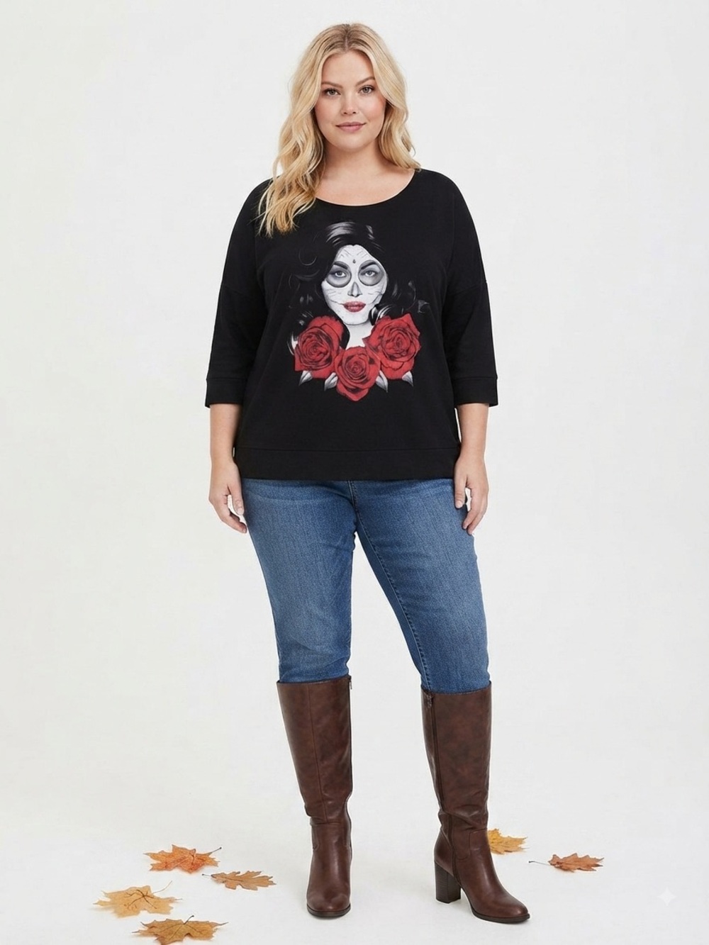 New! Torrid sz 3 Dia De Los Muertos Sugar Skull Roses Off Shoulder Sweater 3X